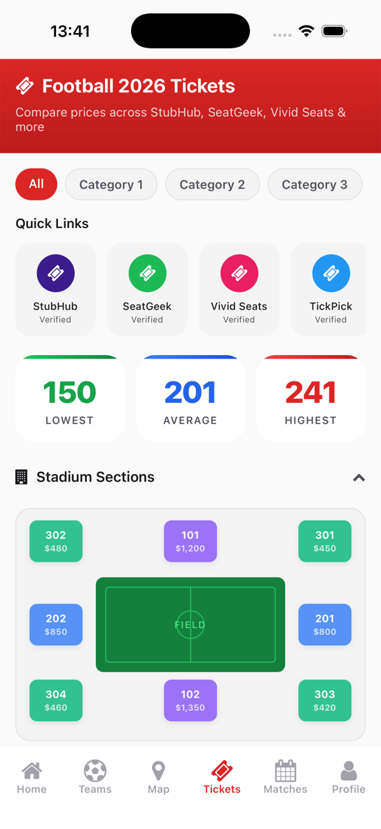 Ticket comparison across StubHub, SeatGeek, Vivid Seats, TickPick with stadium map